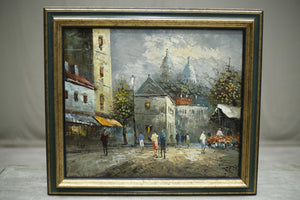20th century oil on board painting of a city scape