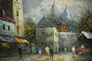 20th century oil on board painting of a city scape