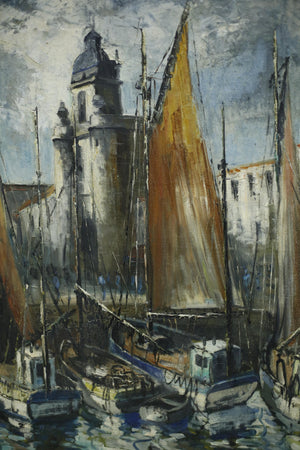 20th century oil on canvas painting of boats in harbour