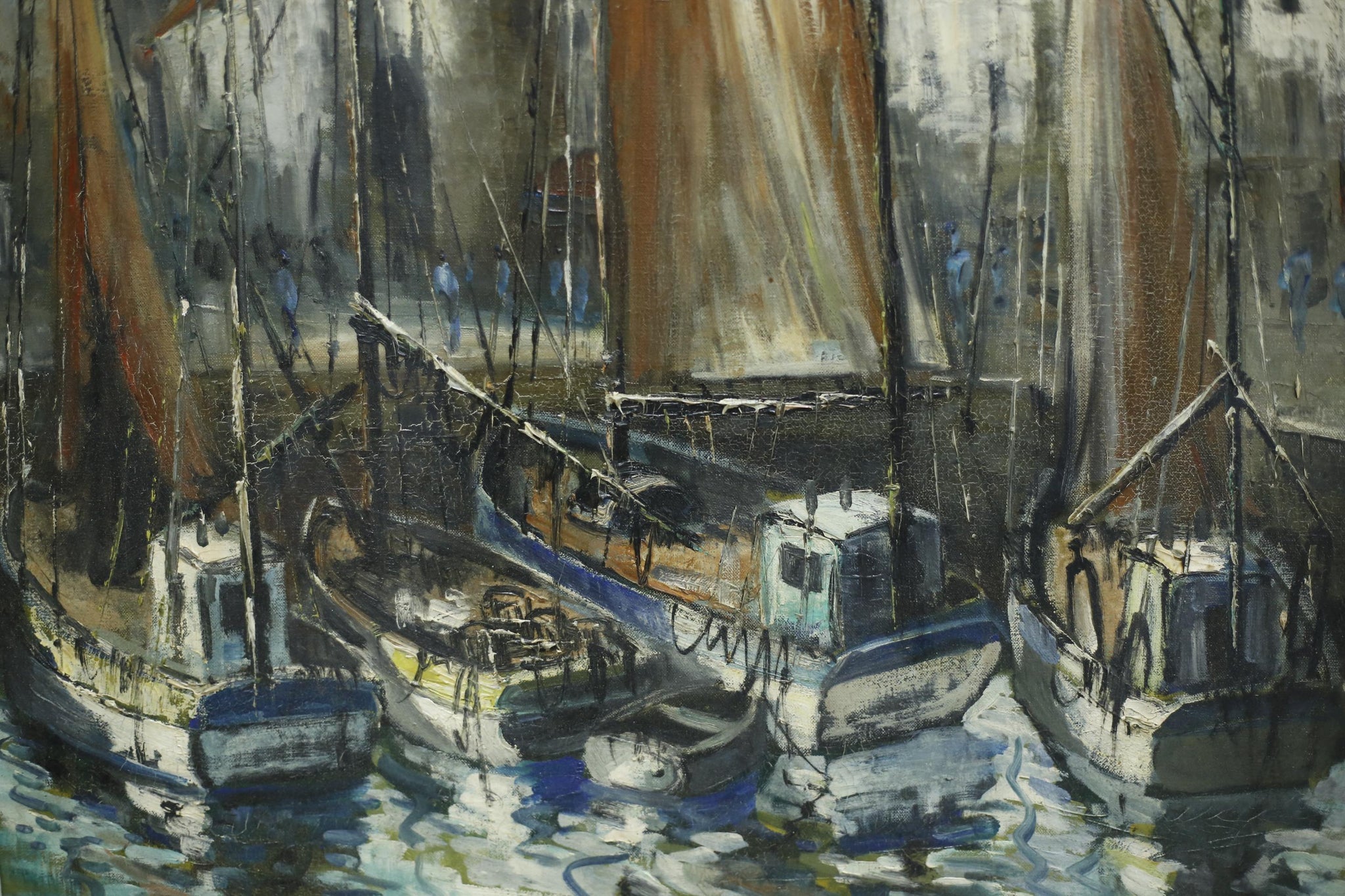 20th century oil on canvas painting of boats in harbour