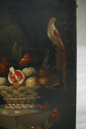 19th century oil on canvas still life with birds and fruit