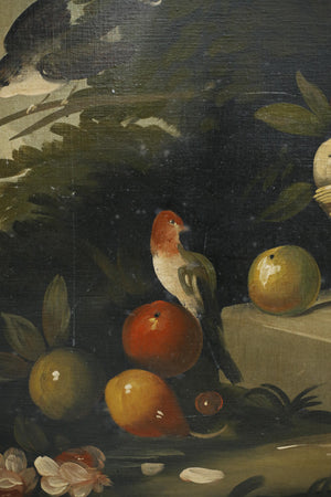 19th century oil on canvas still life with birds and fruit