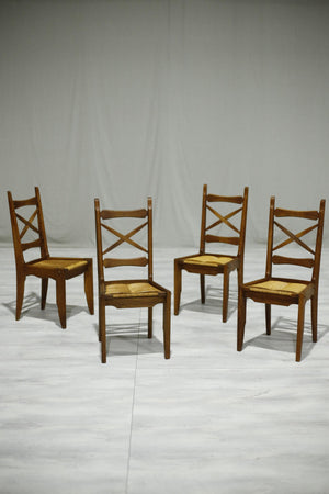 Set of 4 Guillerme et Chambron oak and rush seated dining chairs