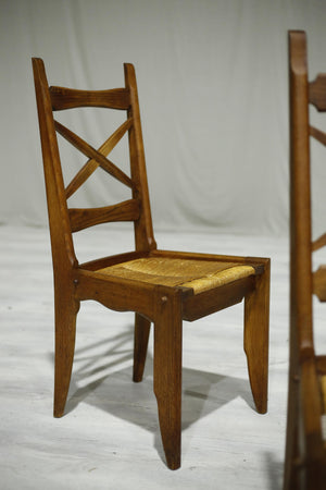 Set of 4 Guillerme et Chambron oak and rush seated dining chairs
