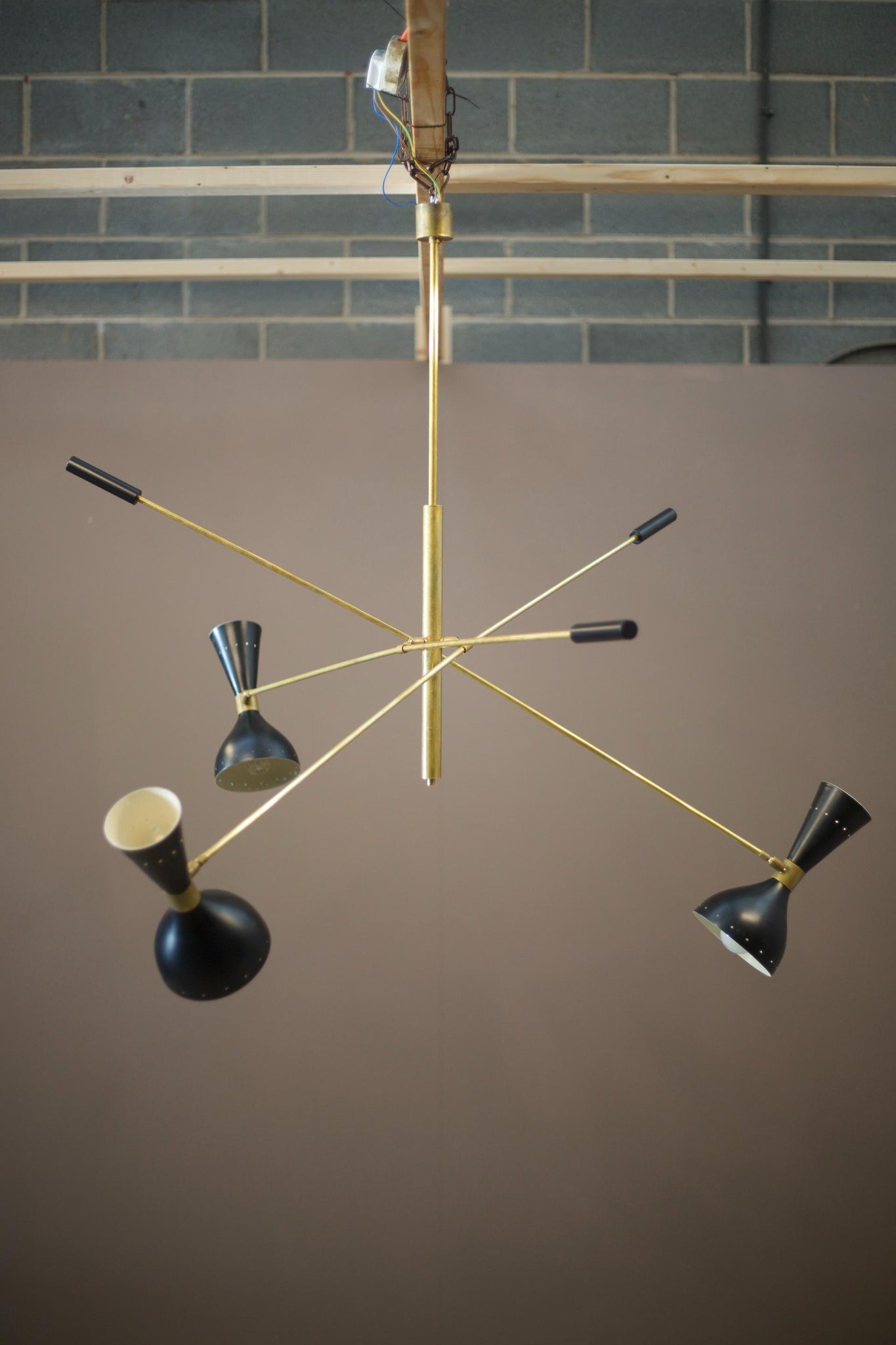 Mid century Italian three armed brass Stilnovo style pendant light