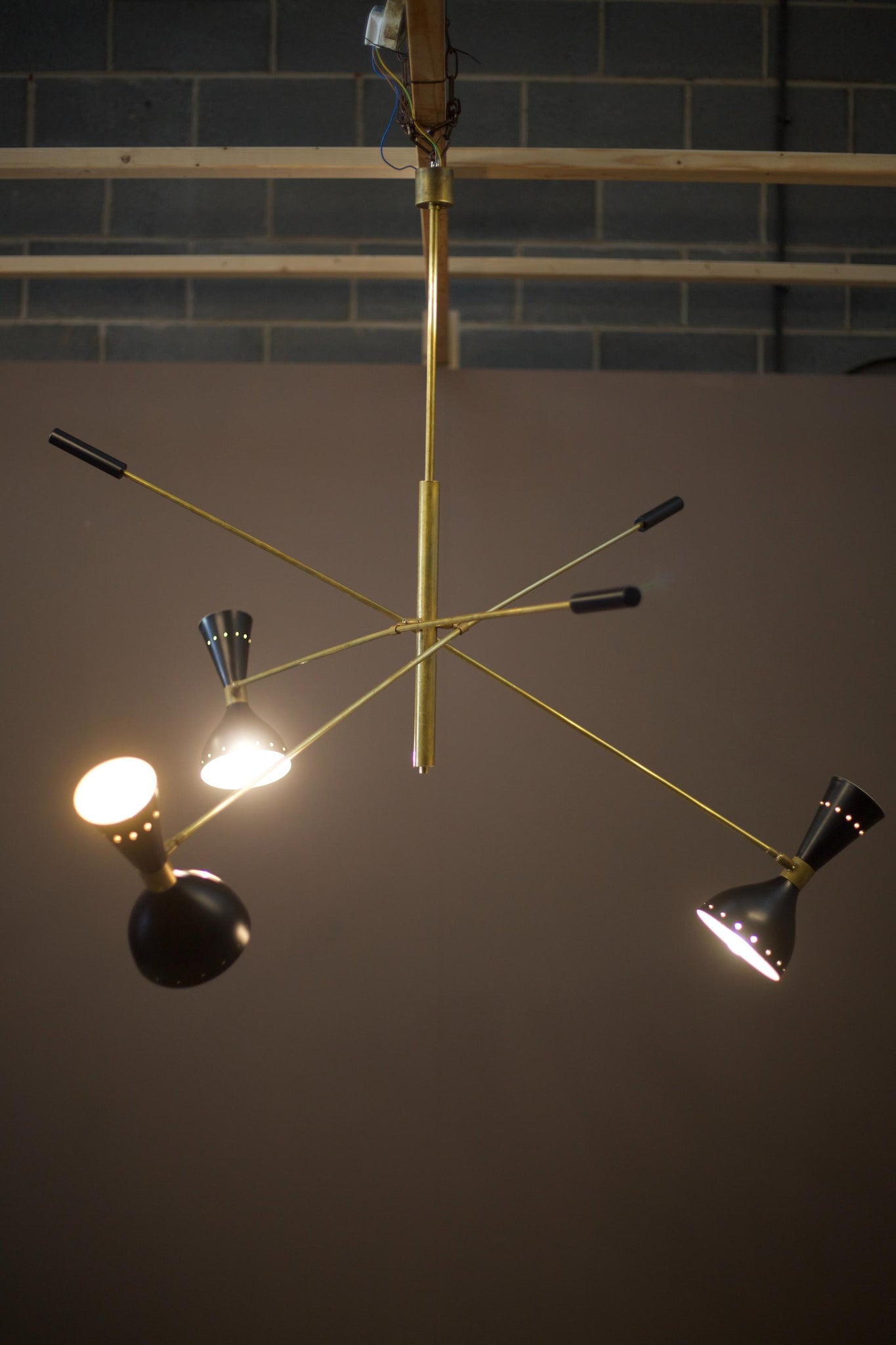 Mid century Italian three armed brass Stilnovo style pendant light