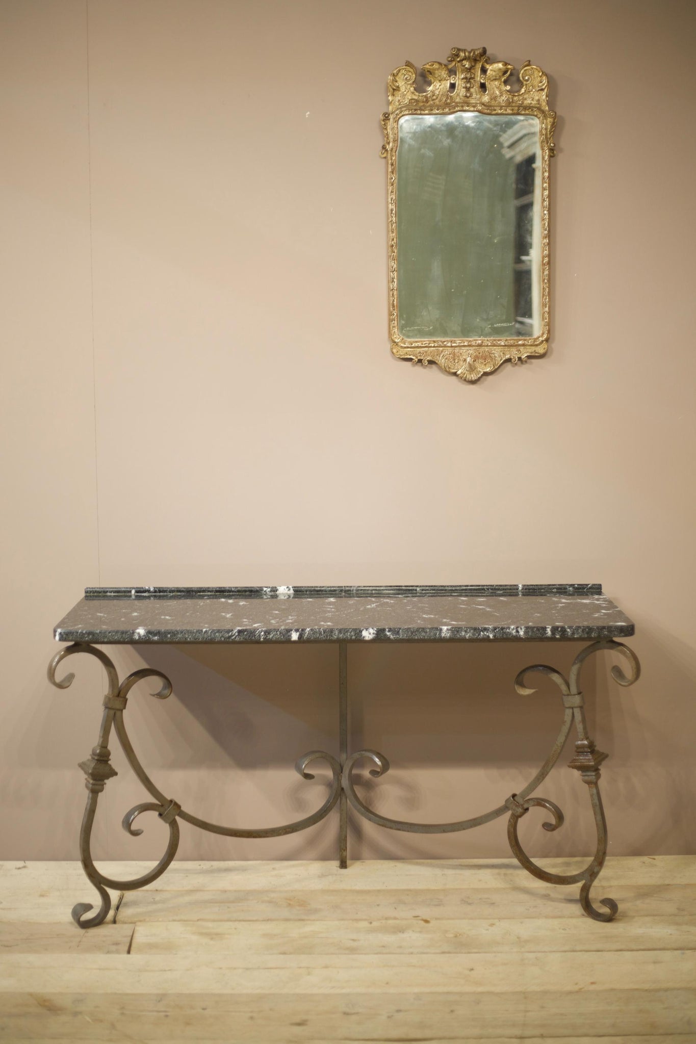 20th century iron and black marble console table