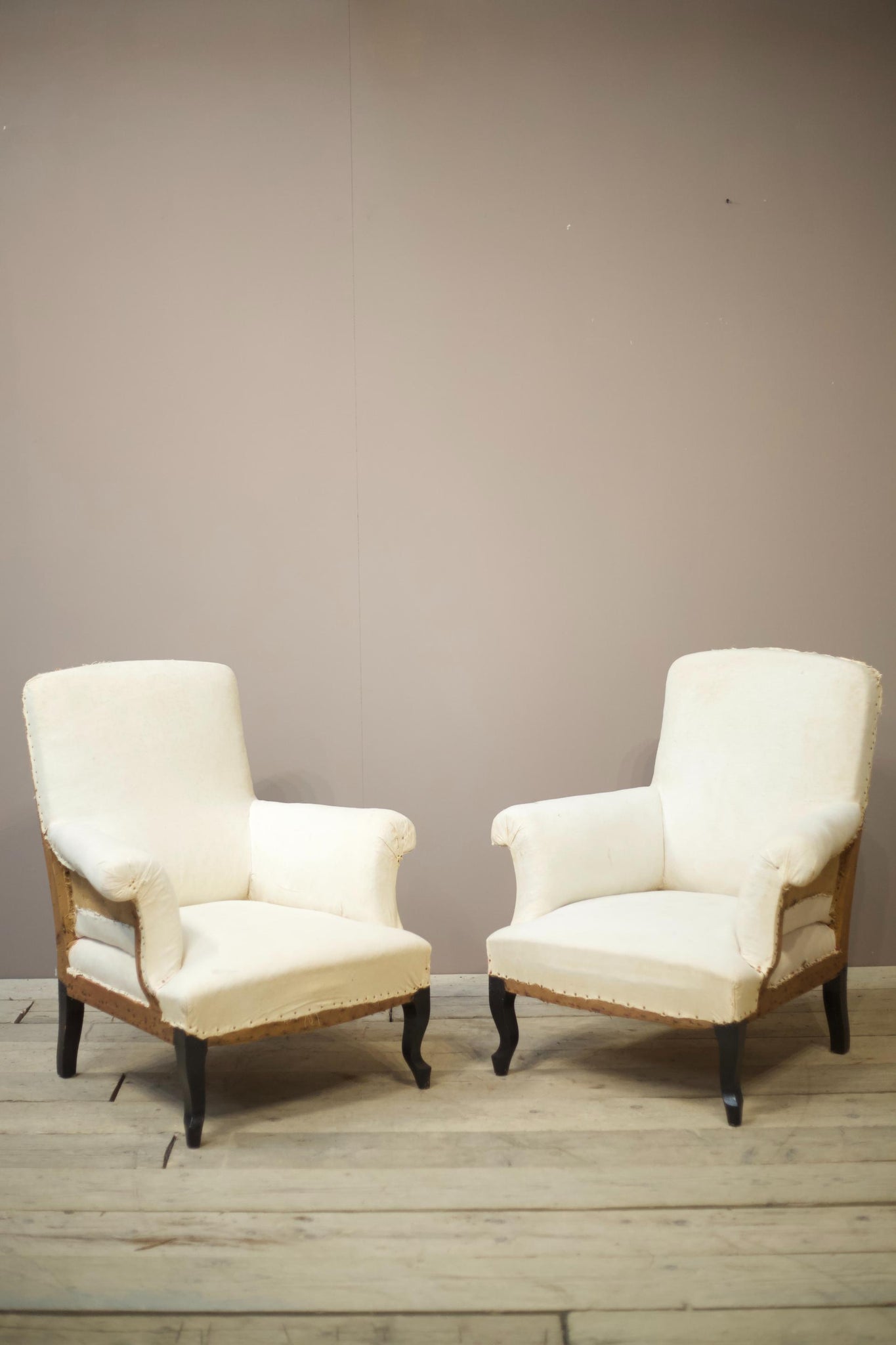 Pair of Napoleon III square backed armchairs with cabriole legs