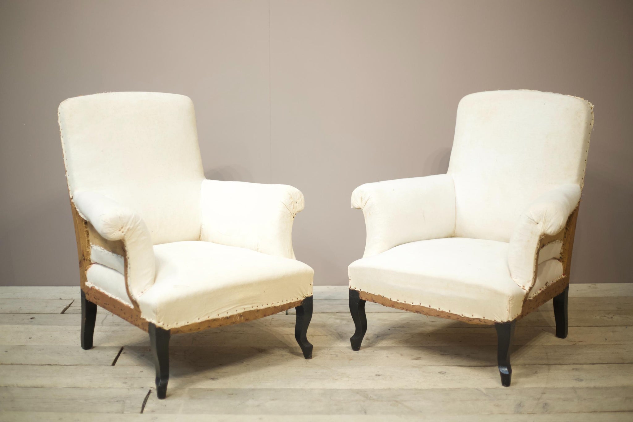 Pair of Napoleon III square backed armchairs with cabriole legs