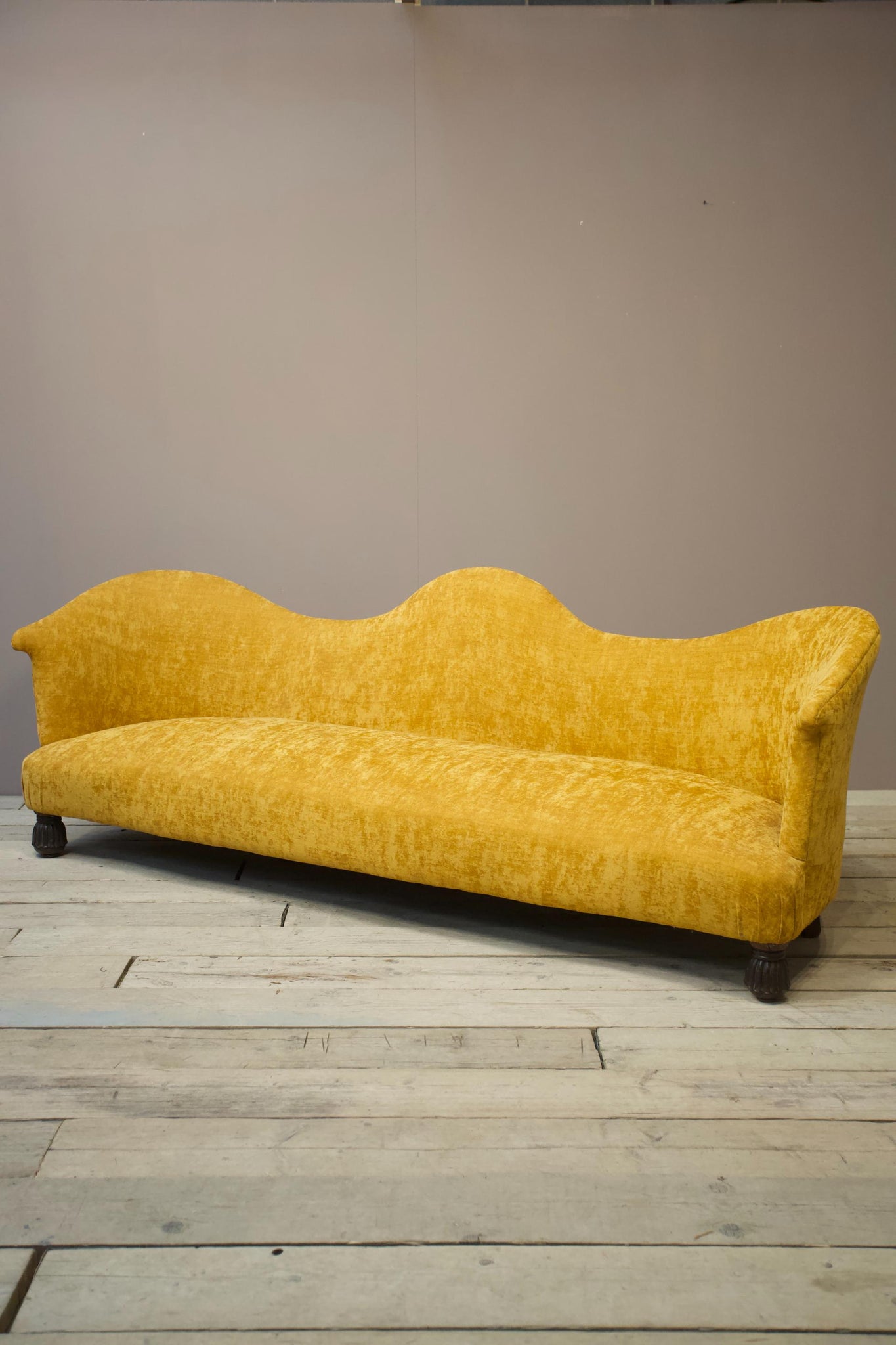 Early 20th century 2.6m English scalloped back sofa