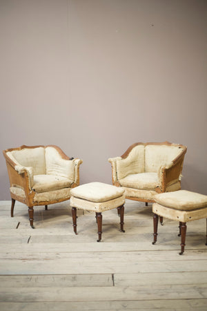 19th century French armchairs with matching stools