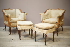 19th century French armchairs with matching stools
