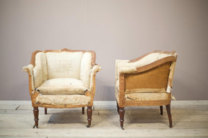 19th century French armchairs with matching stools