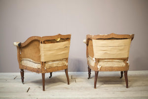19th century French armchairs with matching stools