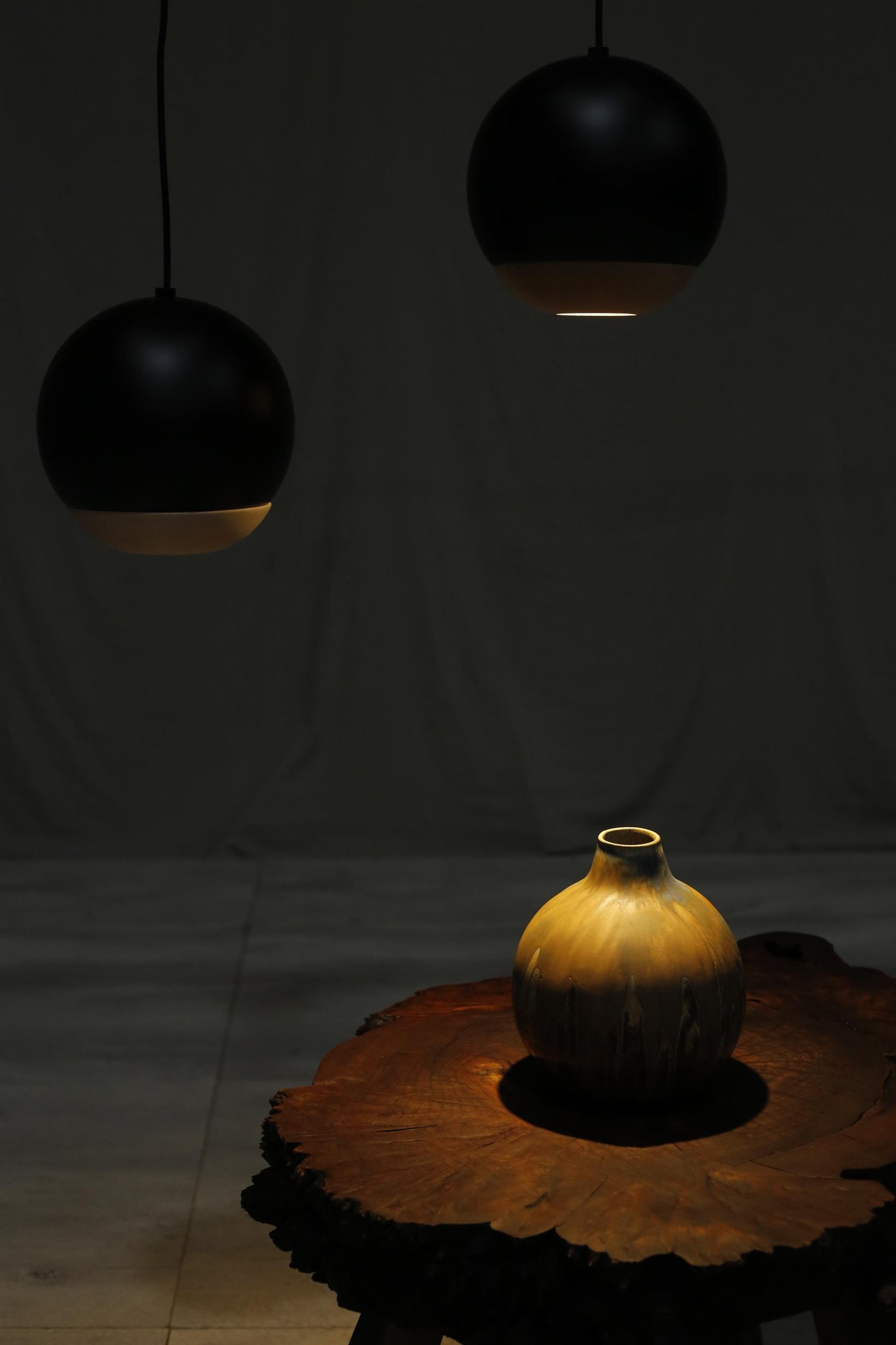 Italian black metal and beech Globe lights