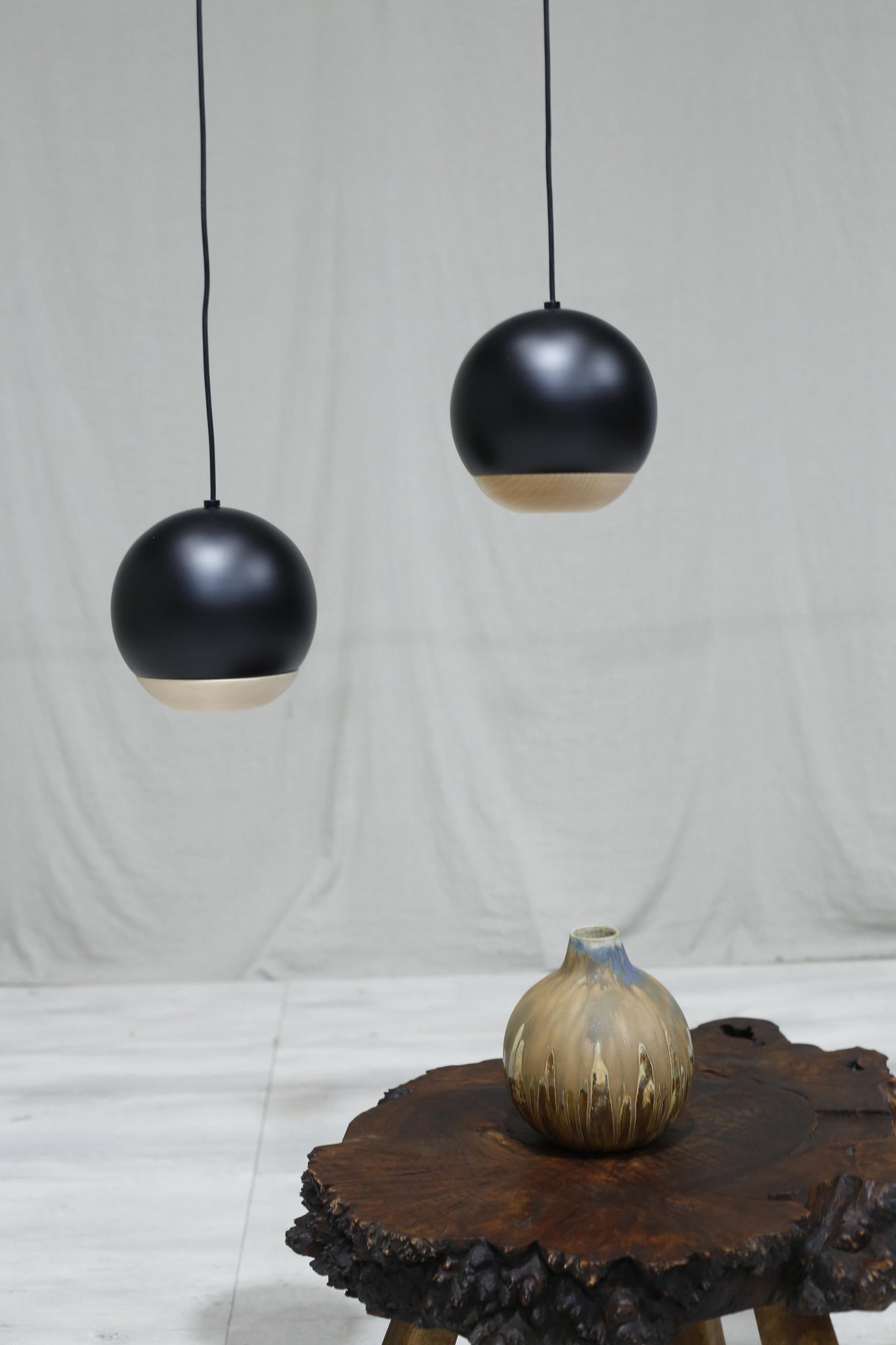Italian black metal and beech Globe lights