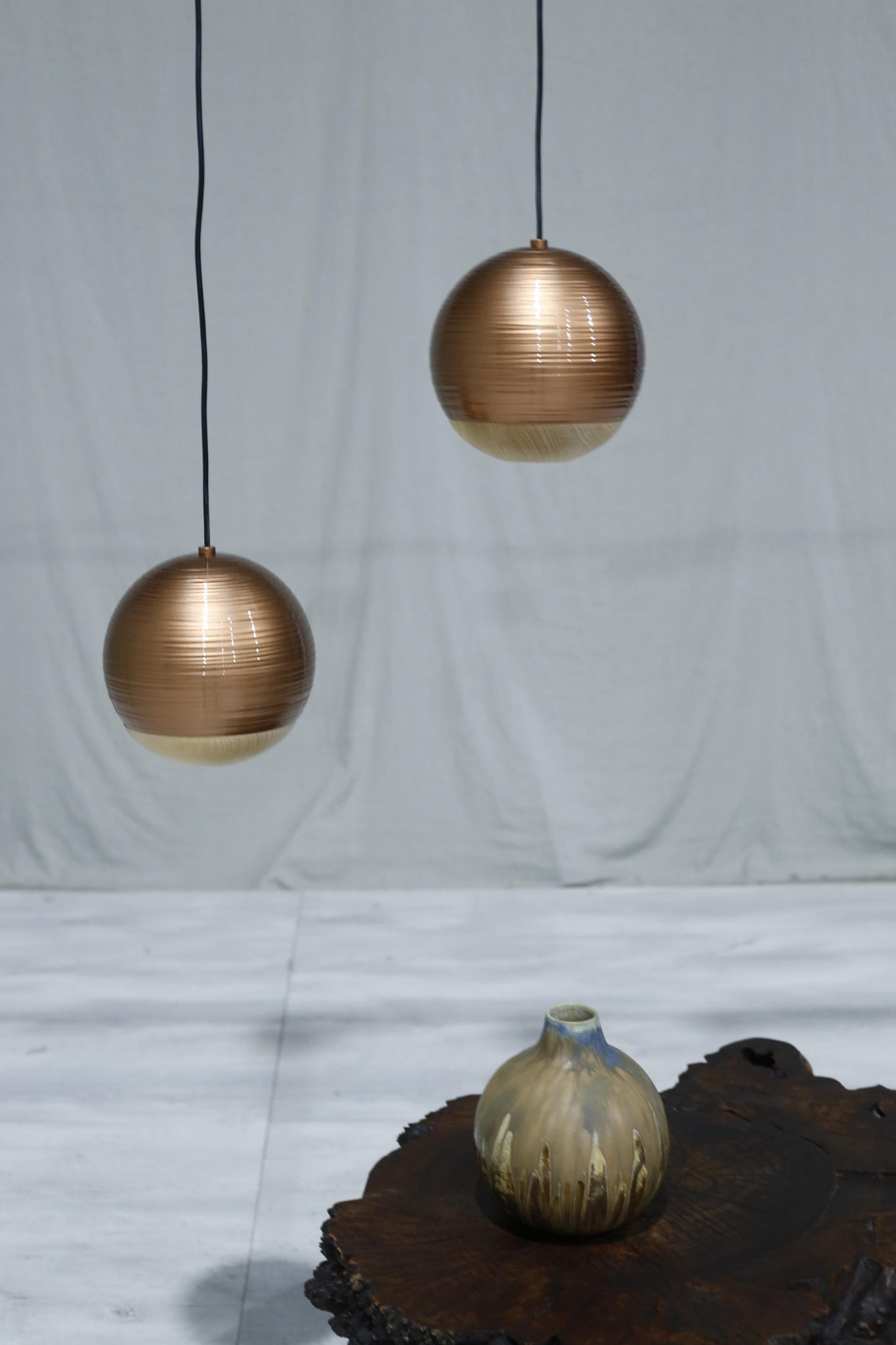 Italian detailed copper and beech globe lights