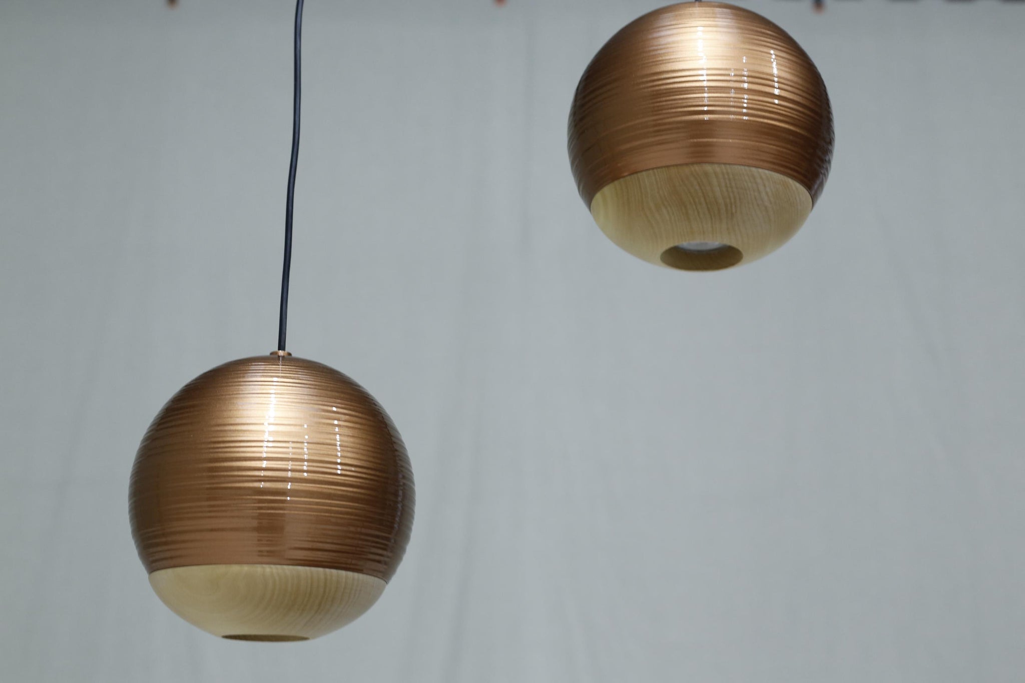 Italian detailed copper and beech globe lights