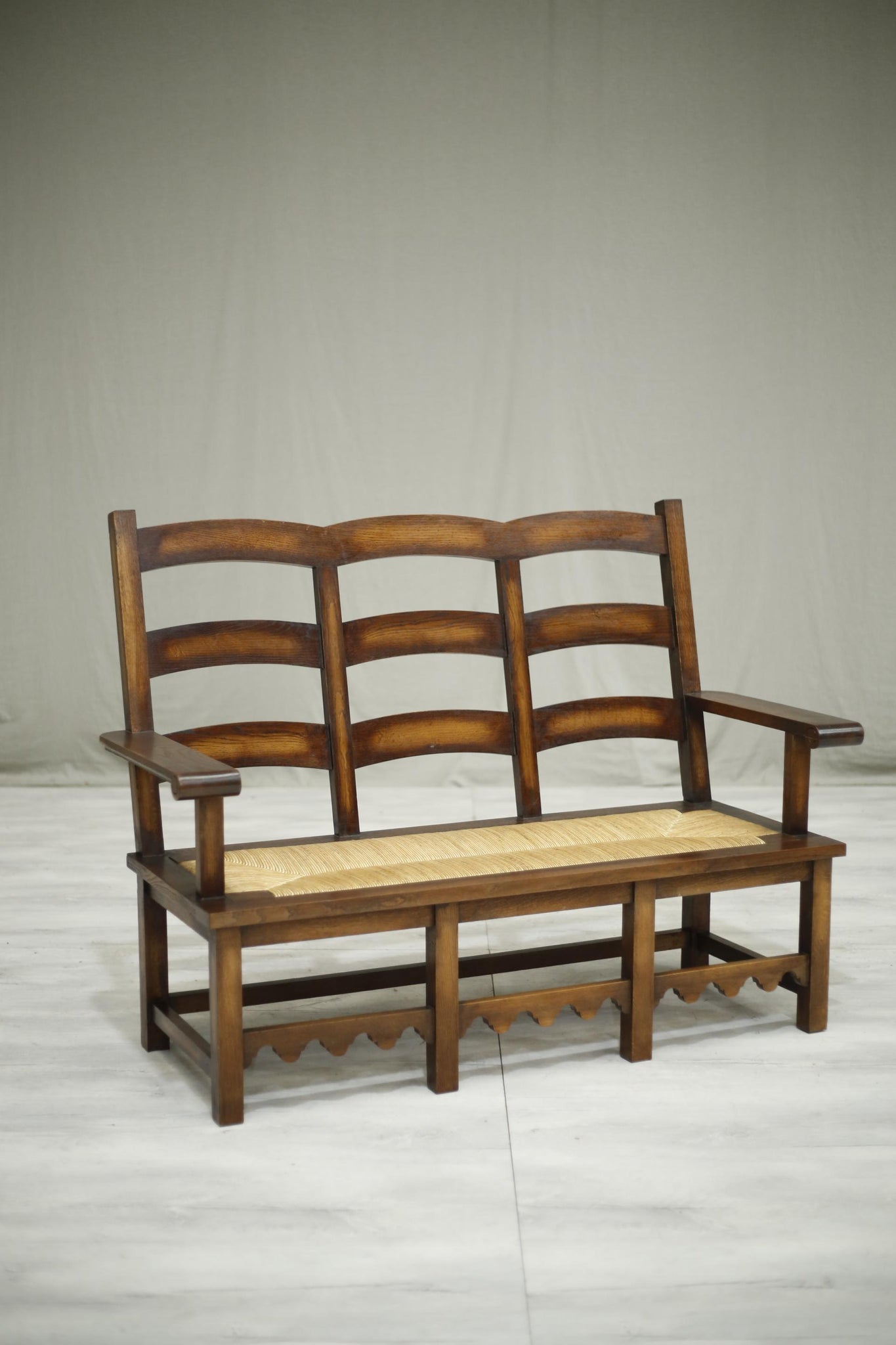 Mid century Japanese influence oak and rush seated hall bench