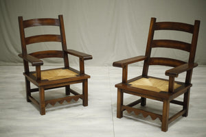 Pair of Japanese Influence oak and rush seated armchairs