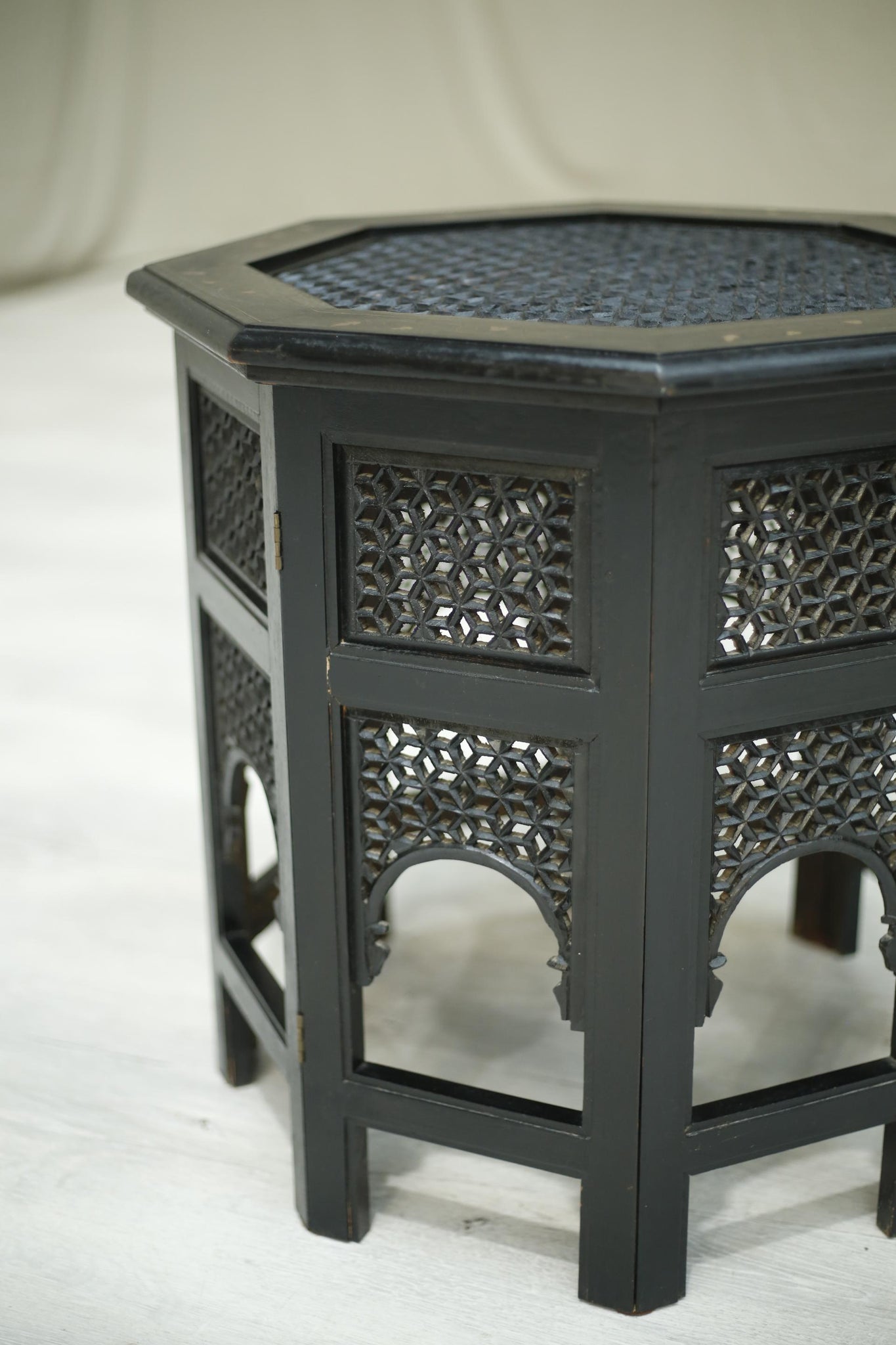 Antique Early 20th century ebonised Syrian table with brass inlay