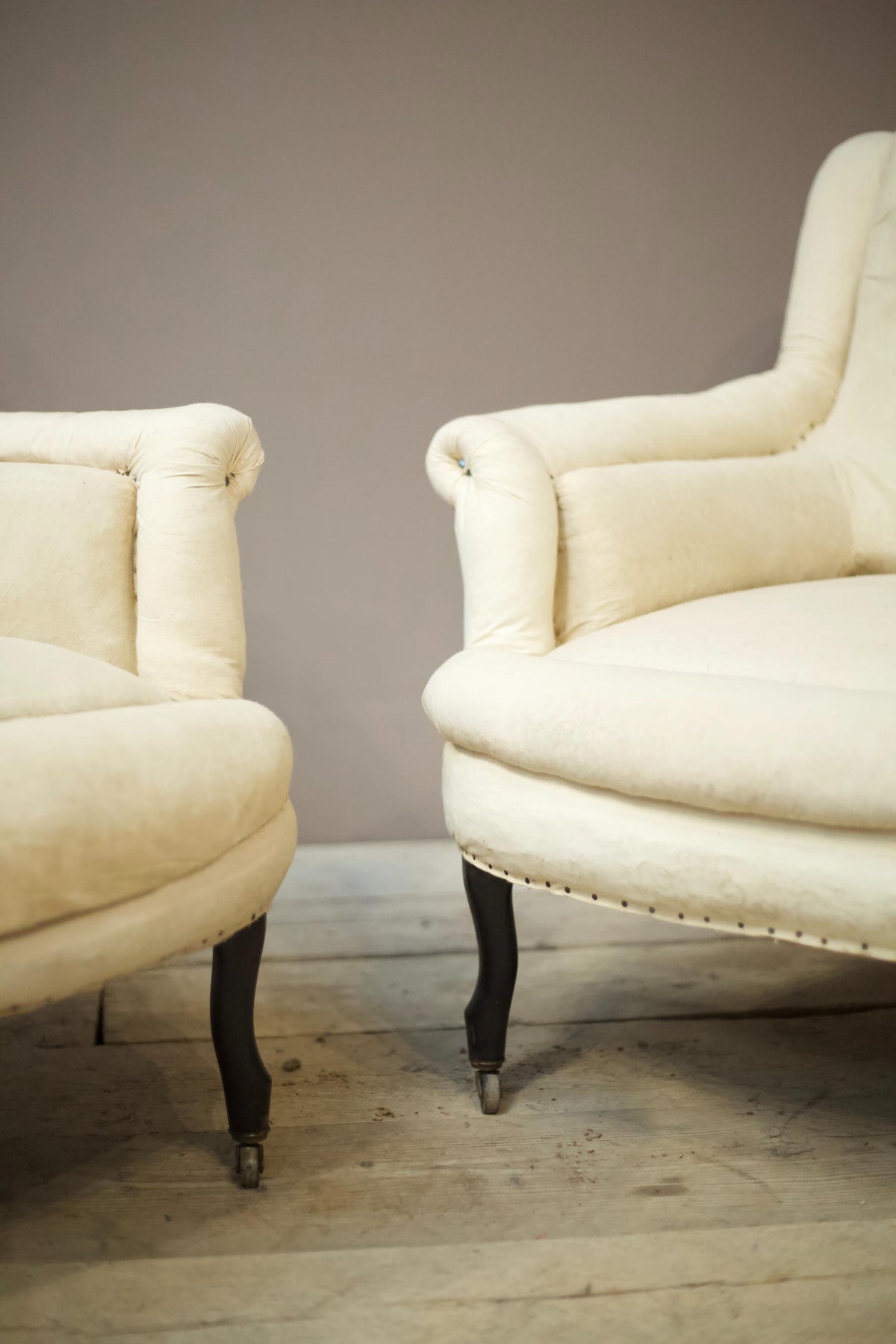 Pair of Napoleon III scroll back pie crust armchairs - TallBoy Interiors