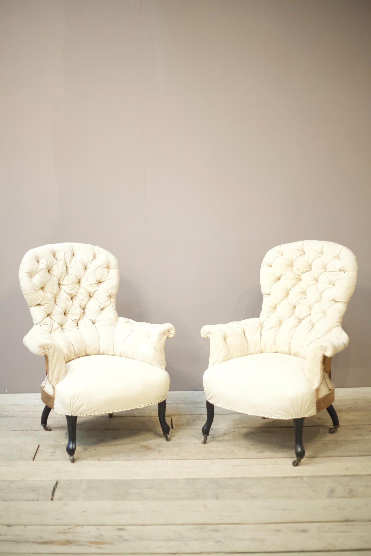 Pair of Napoleon III buttoned spoon back armchairs - TallBoy Interiors