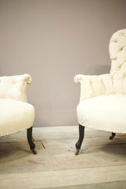 Pair of Napoleon III buttoned spoon back armchairs - TallBoy Interiors