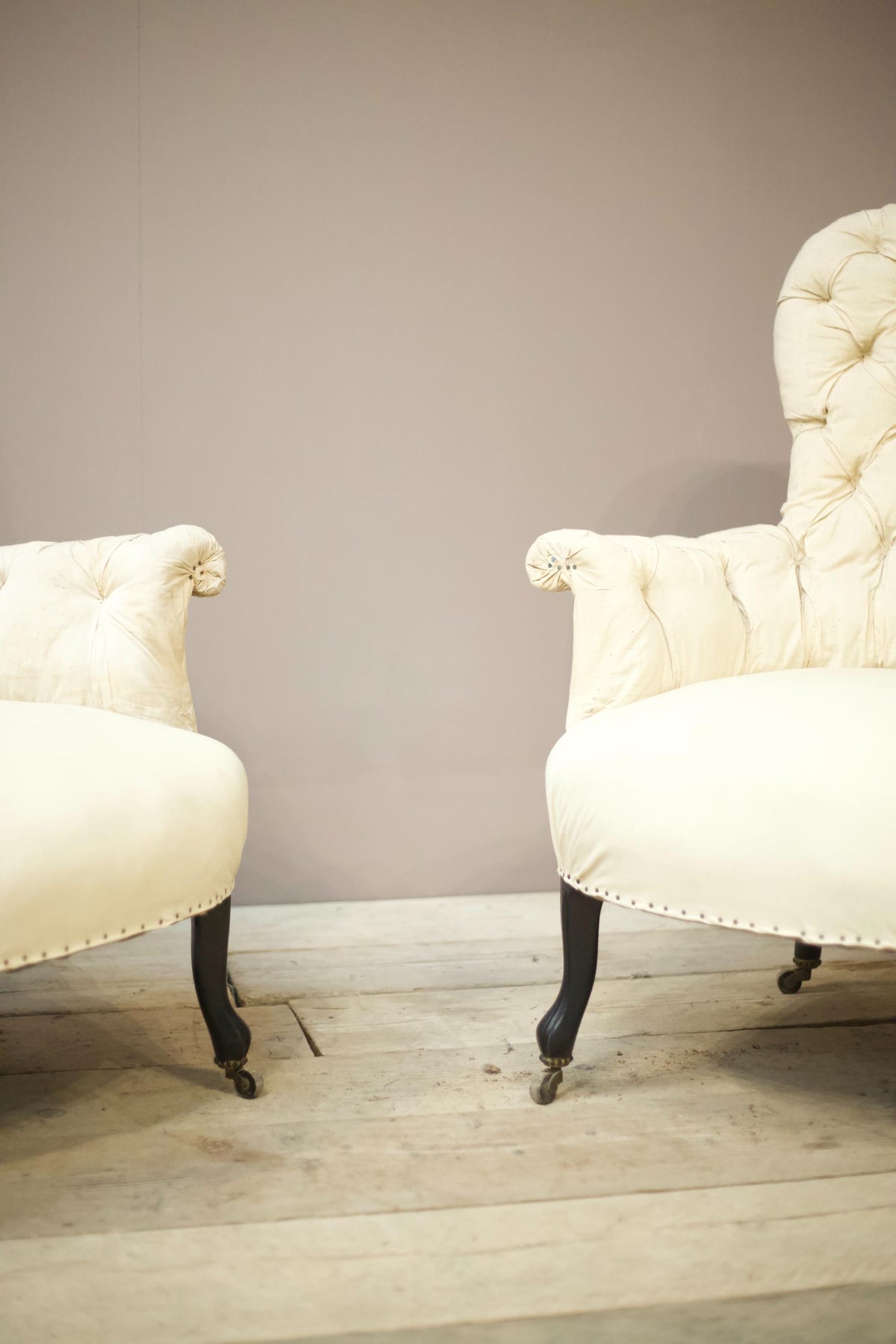 Pair of Napoleon III buttoned spoon back armchairs - TallBoy Interiors