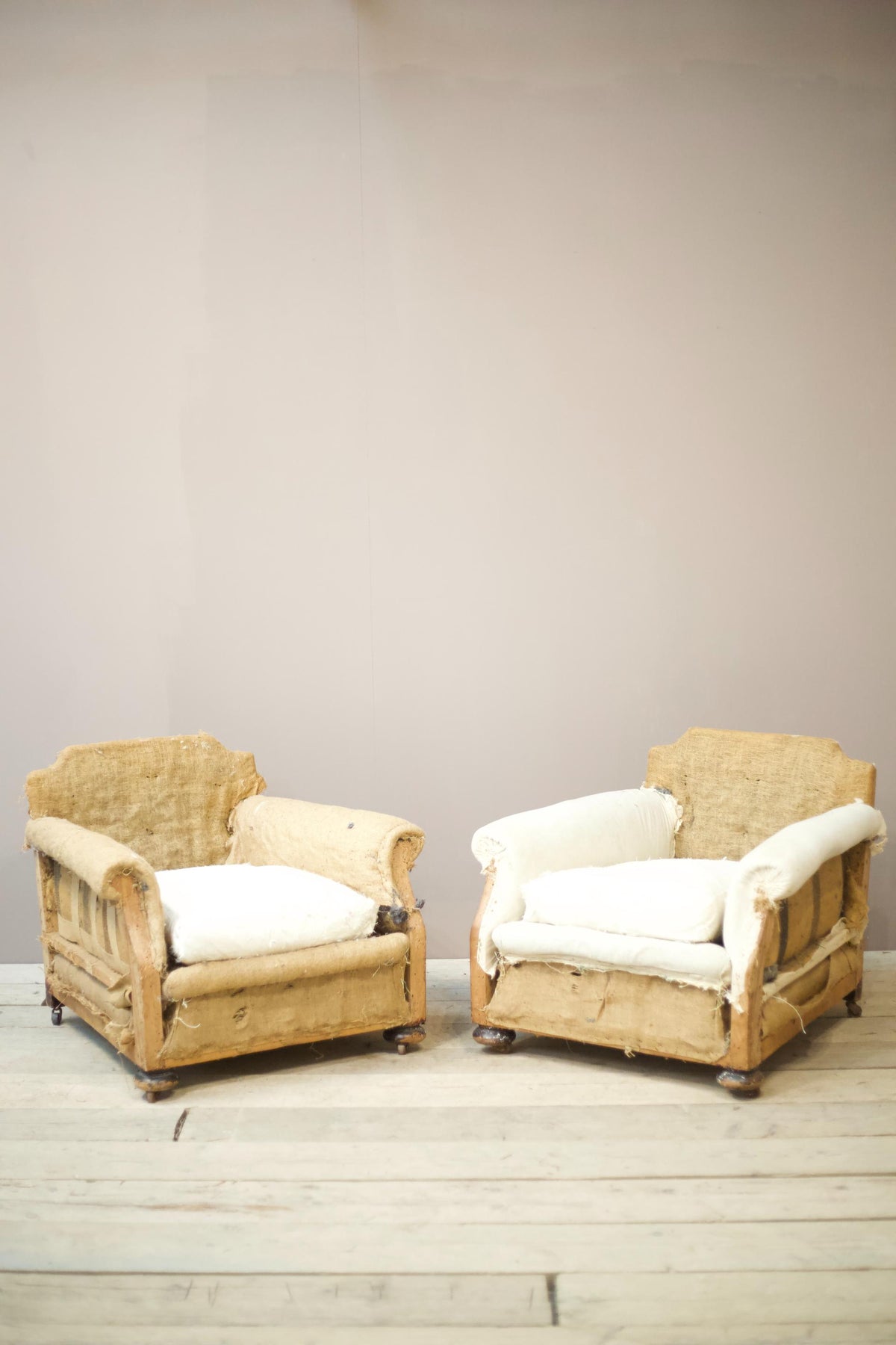RESERVED Pair of c.1900 English deep seated armchairs - TallBoy Interiors