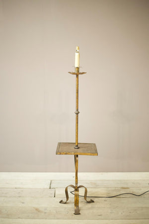 Mid century Spanish gilt metal floor lamp with table