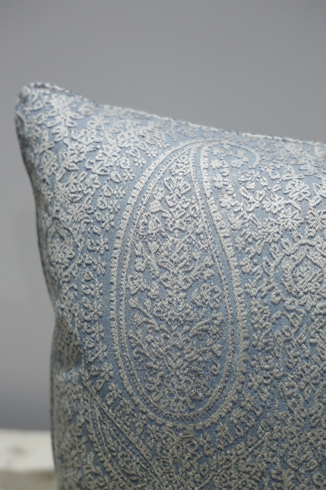 Pale blue stitched paisley pattern cushion-18 inch