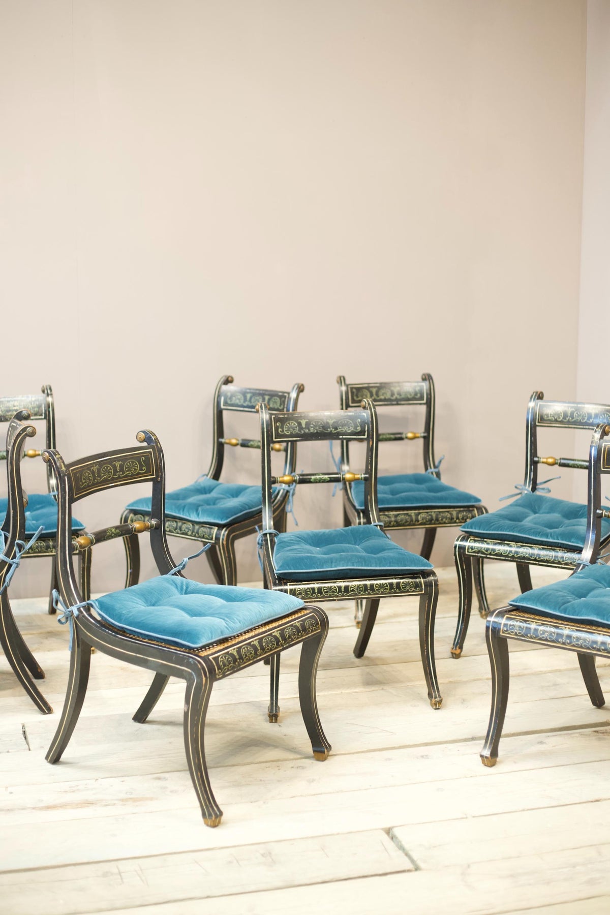Set of 8 Georgian regency period dining chairs with painted decoration - TallBoy Interiors