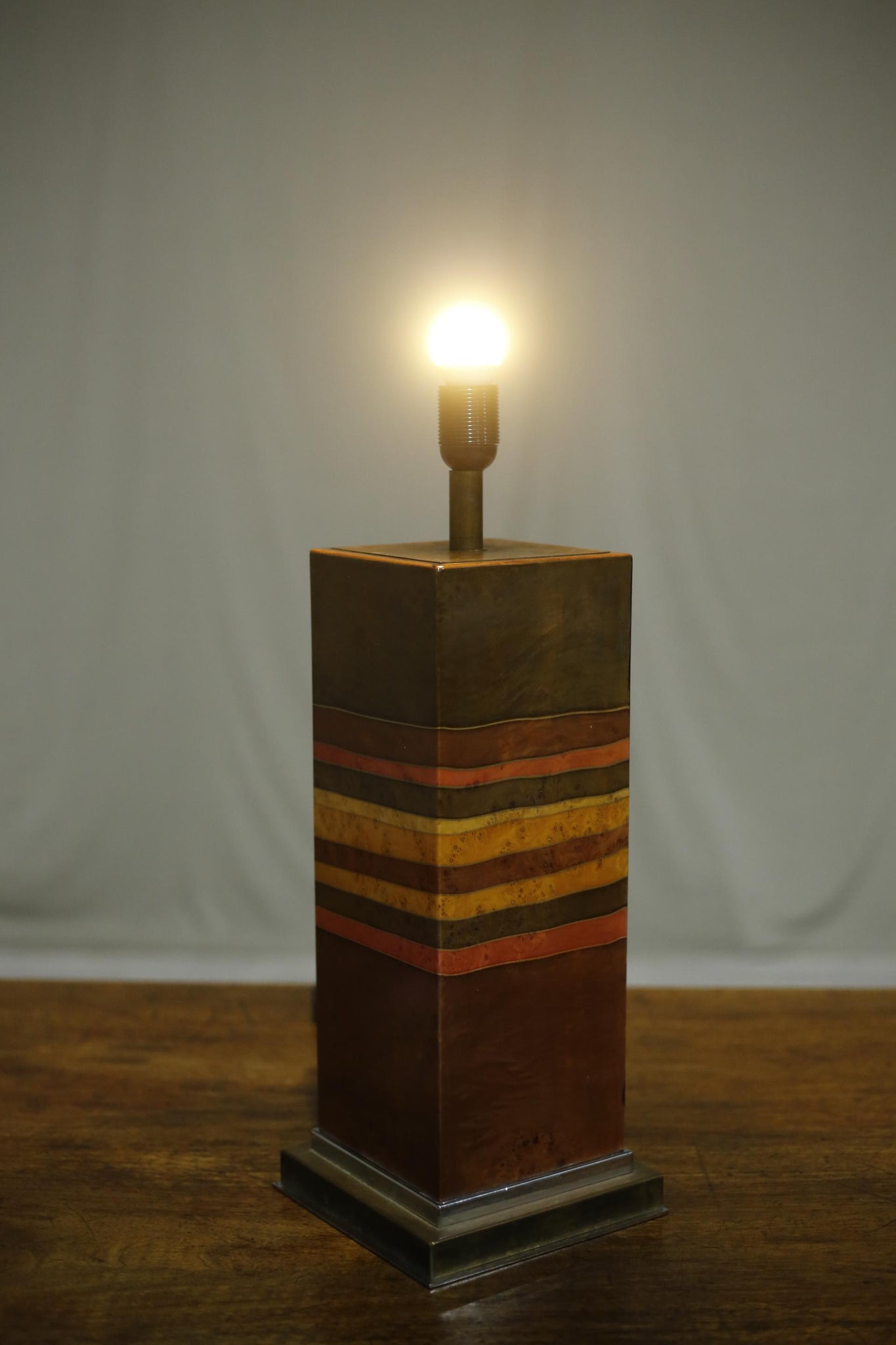 Mid century Brass table lamp with burr wood detail