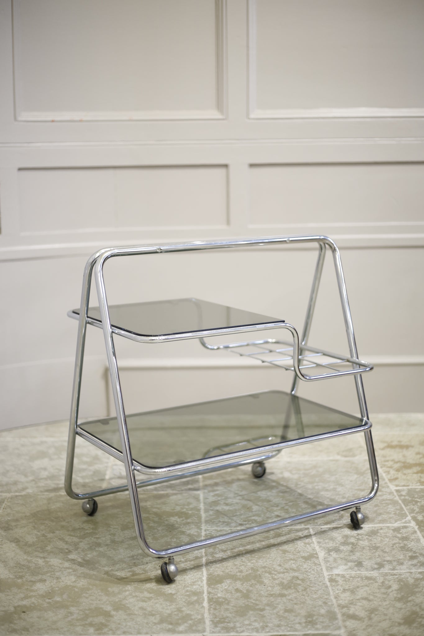 1970's Chrome and smoked glass drinks trolley - TallBoy Interiors