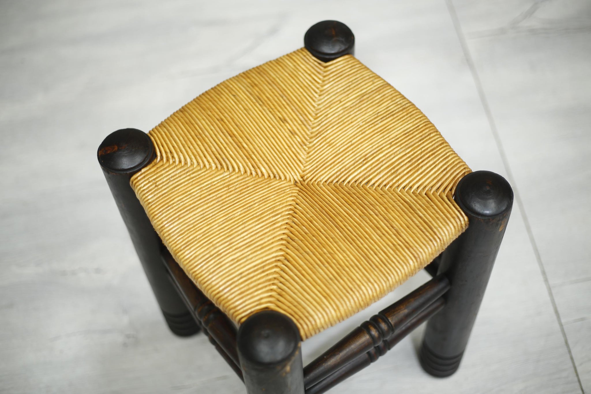 Mid century French ebonised and rush seated stool