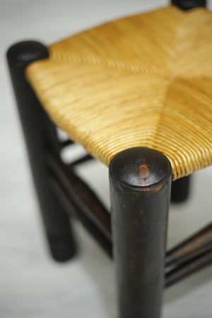 Mid century French ebonised and rush seated stool