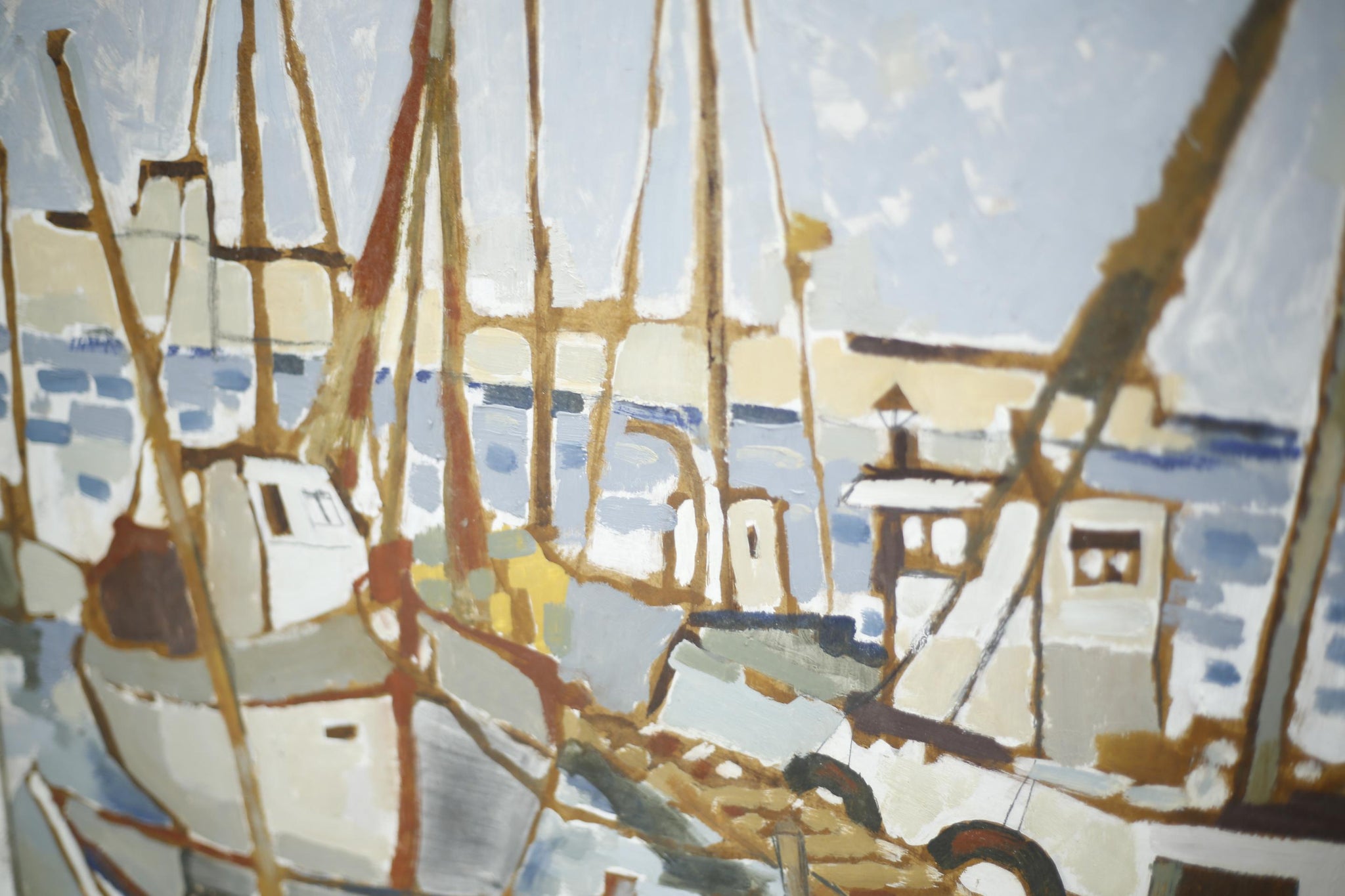 20th century oil on board painting of boats in harbour