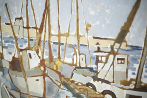 20th century oil on board painting of boats in harbour