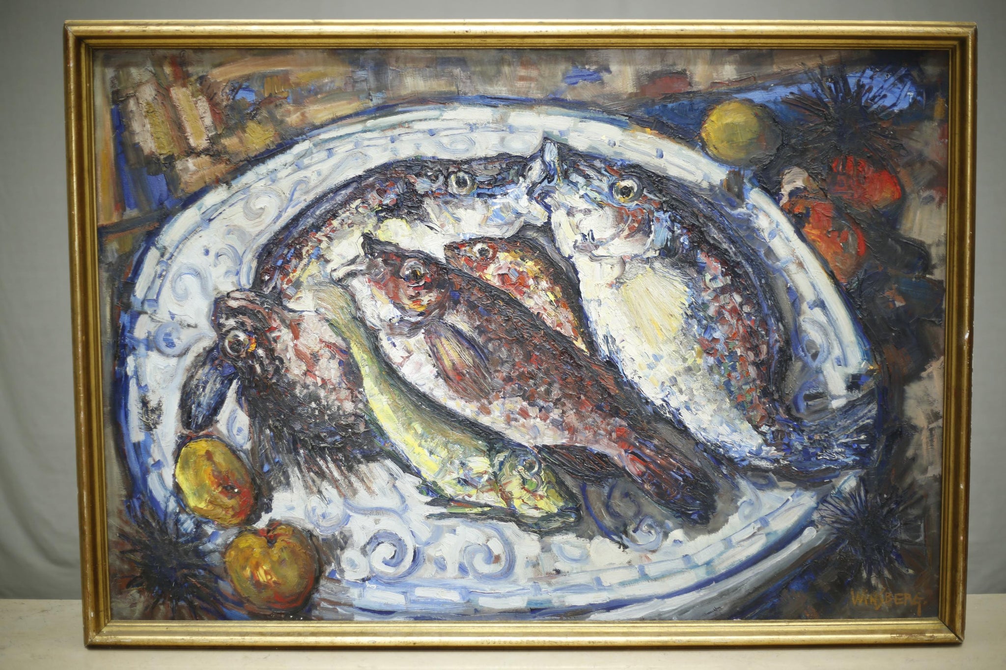 Large 20th century Oil on canvas painting of Fish by Jacques Winsberg