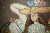 Large Antique 20th century oil painting of an Angel with a rifle