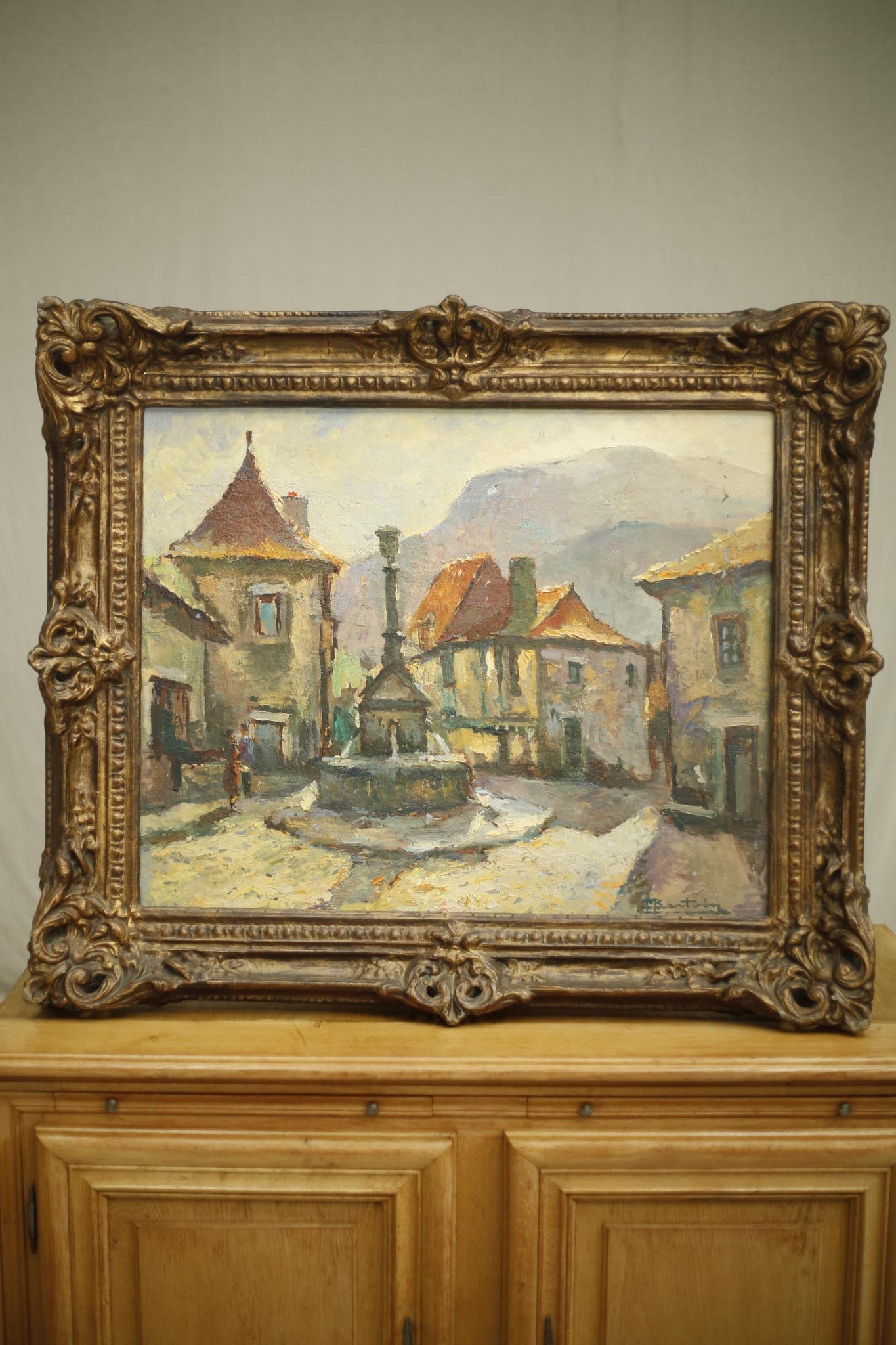 Antique 20th century oil on canvas painting of a French Town