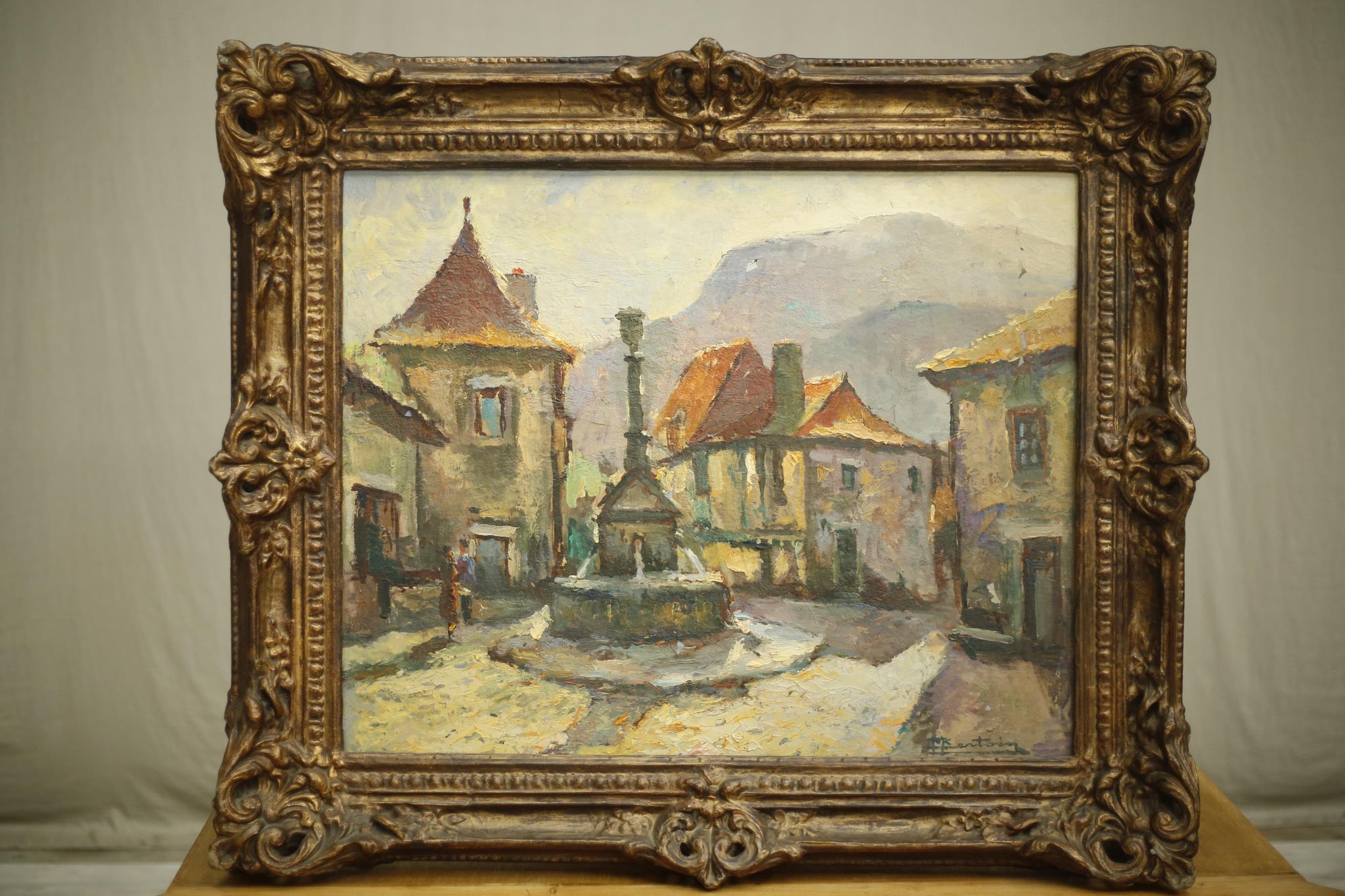 Antique 20th century oil on canvas painting of a French Town
