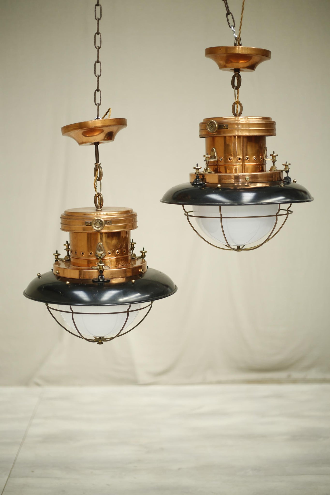 20th century Copper and black enamel opaline pendant lights