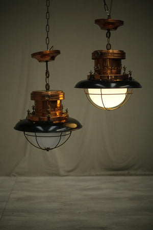 20th century Copper and black enamel opaline pendant lights