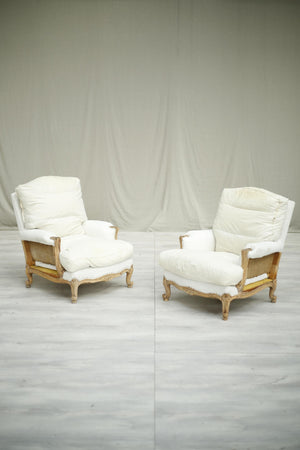 Pair of 20th century pale wood framed French armchairs