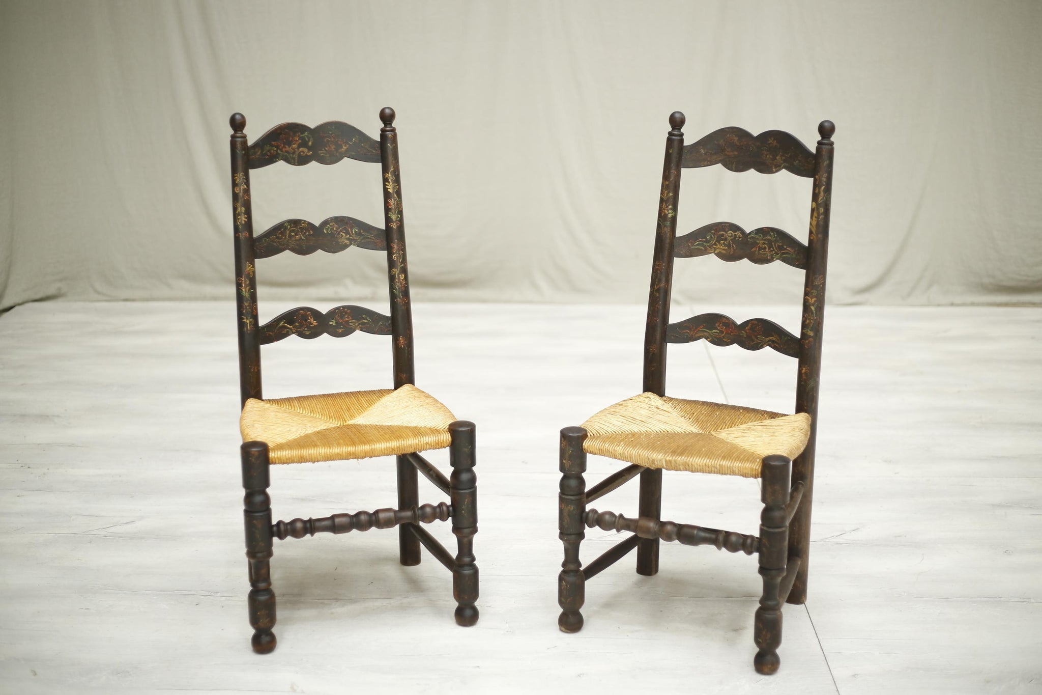Set of 8 early 20th century Painted rush seated dining chairs