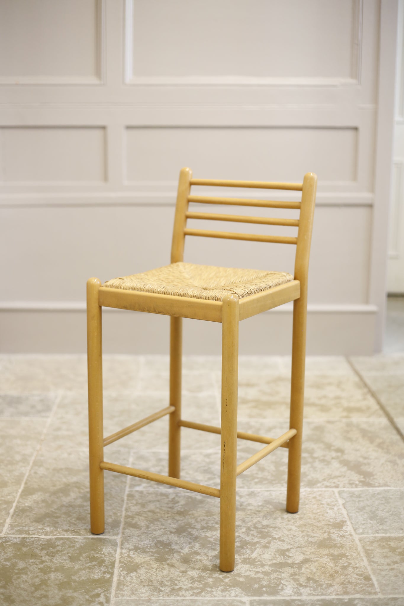 4x Mid century blonde wood and rush seated bar stools - TallBoy Interiors